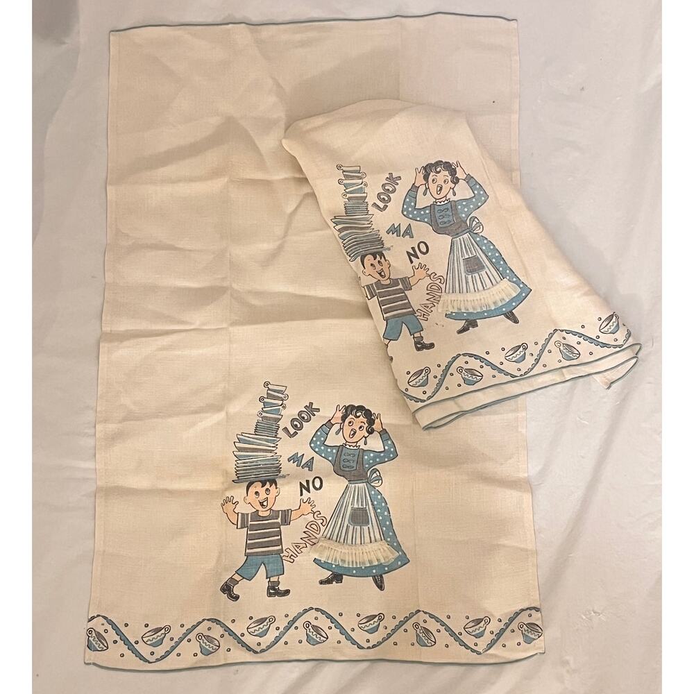 Vintage Lot of 2 Tea Kitchen Towel  - Look Ma No Hands - Off White / Blue